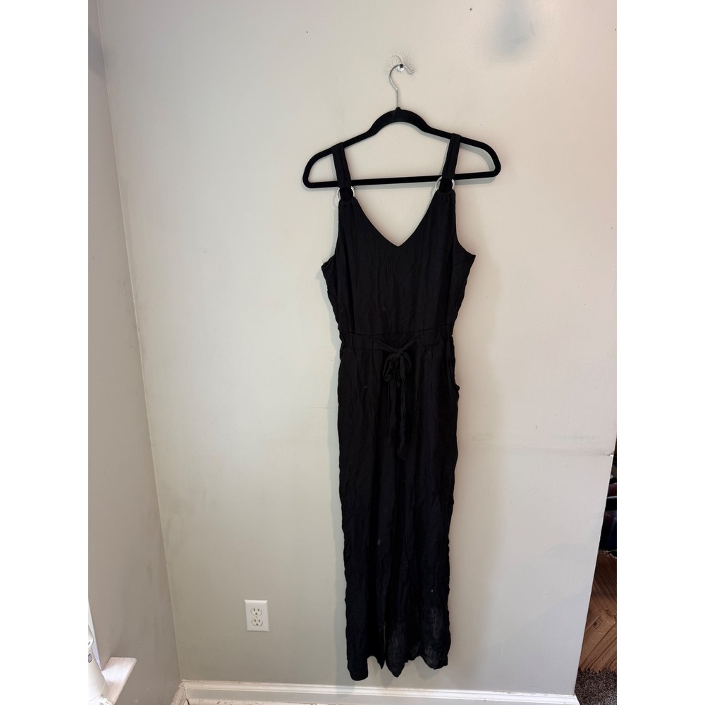 Derek Heart Black Crinkle Sleeveless V-Neck Ring Strap Wide Leg Jumpsuit Medium